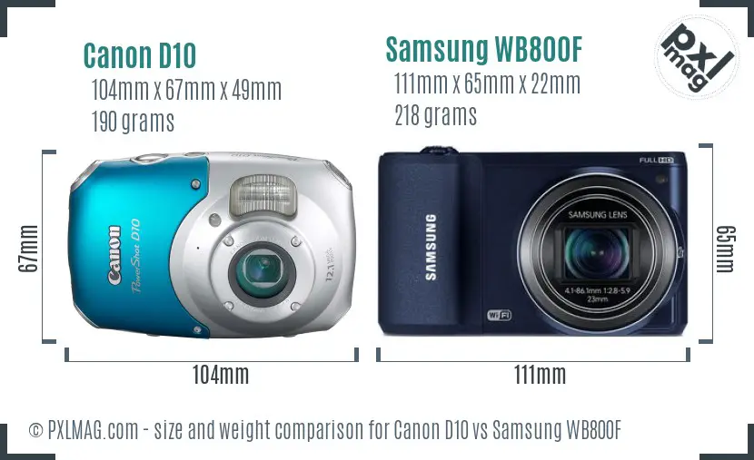 Canon D10 vs Samsung WB800F size comparison
