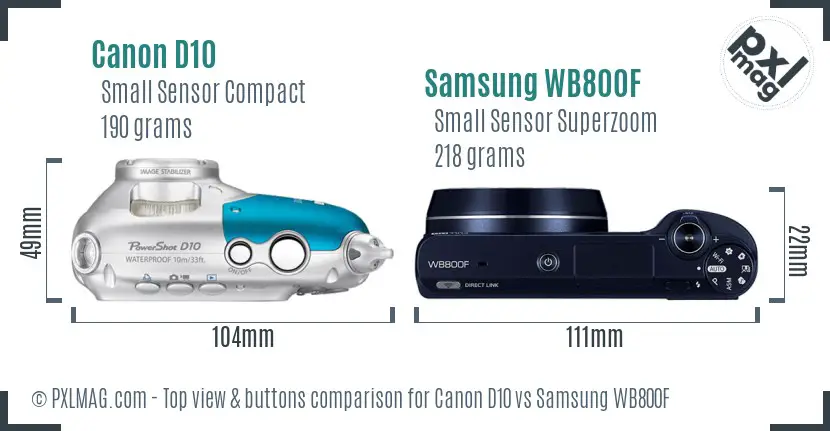 Canon D10 vs Samsung WB800F top view buttons comparison