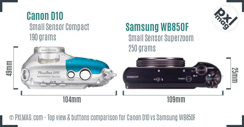 Canon D10 vs Samsung WB850F top view buttons comparison Canon D10 vs Samsung WB850F top view buttons comparison