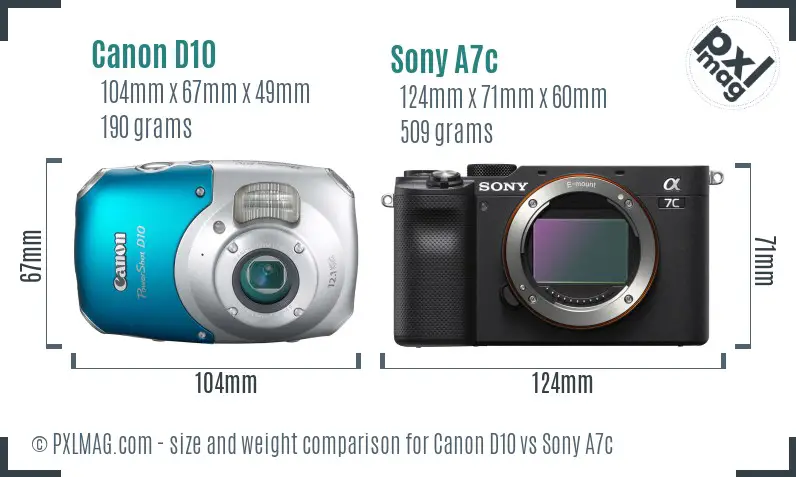 Canon D10 vs Sony A7c size comparison