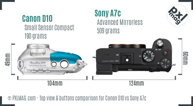 Canon D10 vs Sony A7c top view buttons comparison