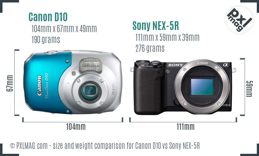 Canon D10 vs Sony NEX-5R size comparison