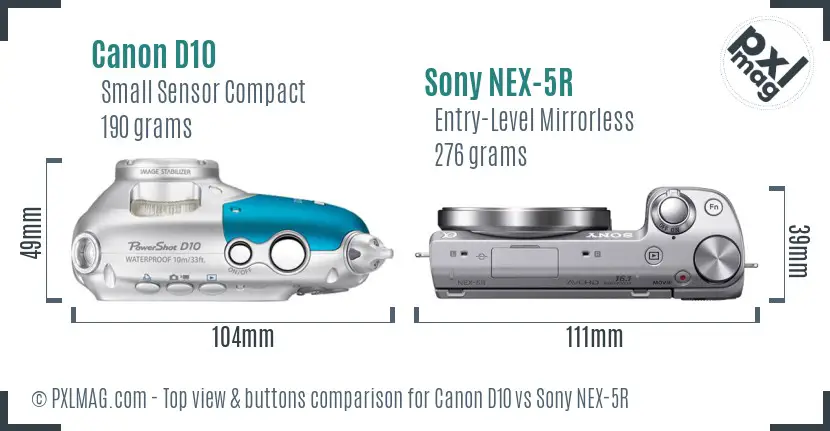 Canon D10 vs Sony NEX-5R top view buttons comparison