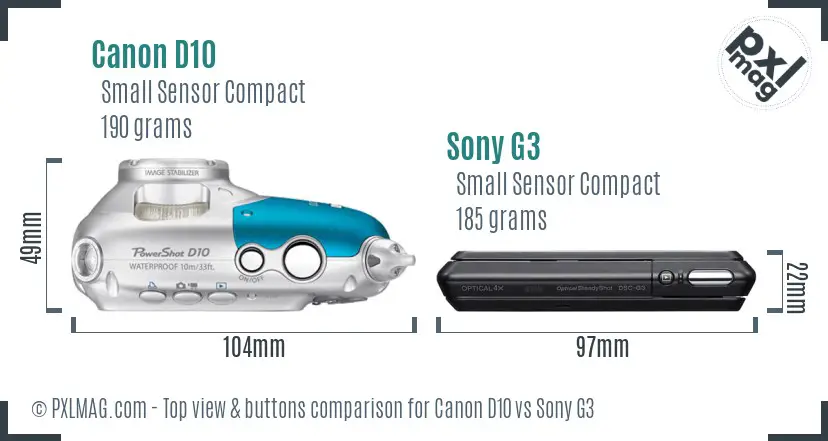 Canon D10 vs Sony G3 top view buttons comparison Canon D10 vs Sony G3 top view buttons comparison