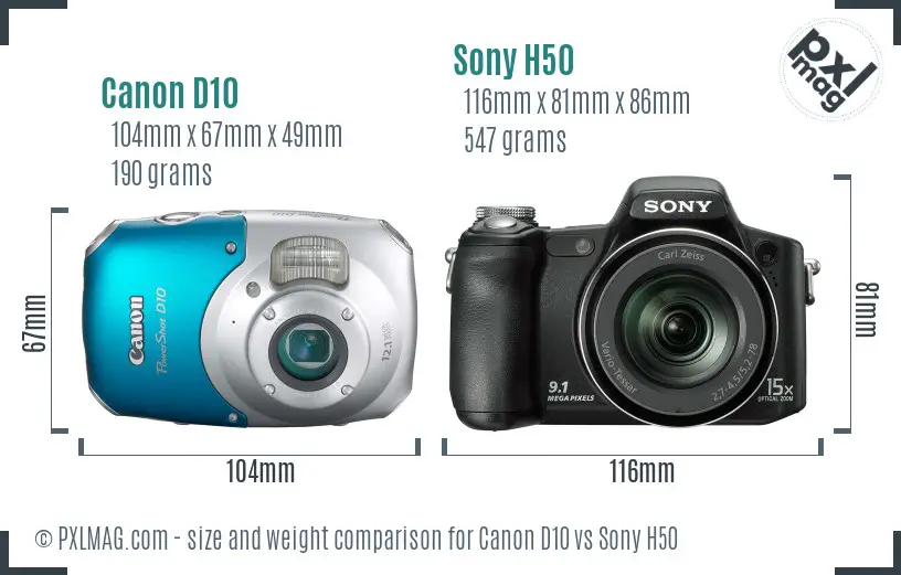 Canon D10 vs Sony H50 size comparison