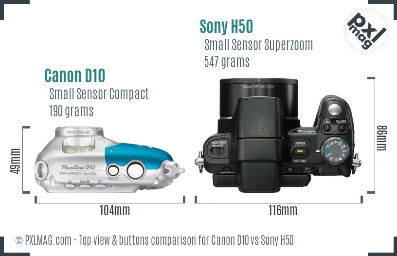 Canon D10 vs Sony H50 top view buttons comparison