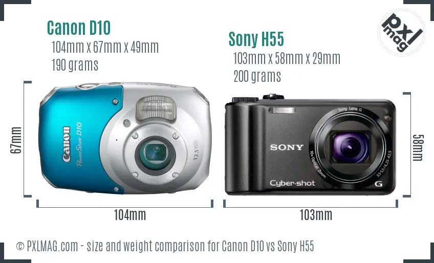 Canon D10 vs Sony H55 size comparison