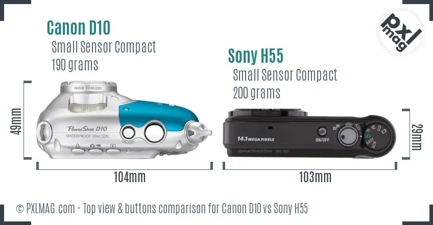 Canon D10 vs Sony H55 top view buttons comparison