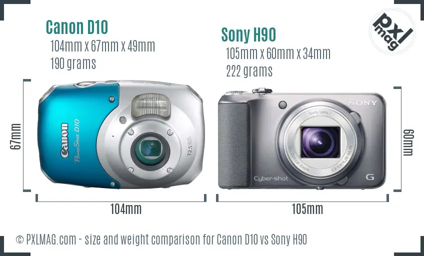 Canon D10 vs Sony H90 size comparison