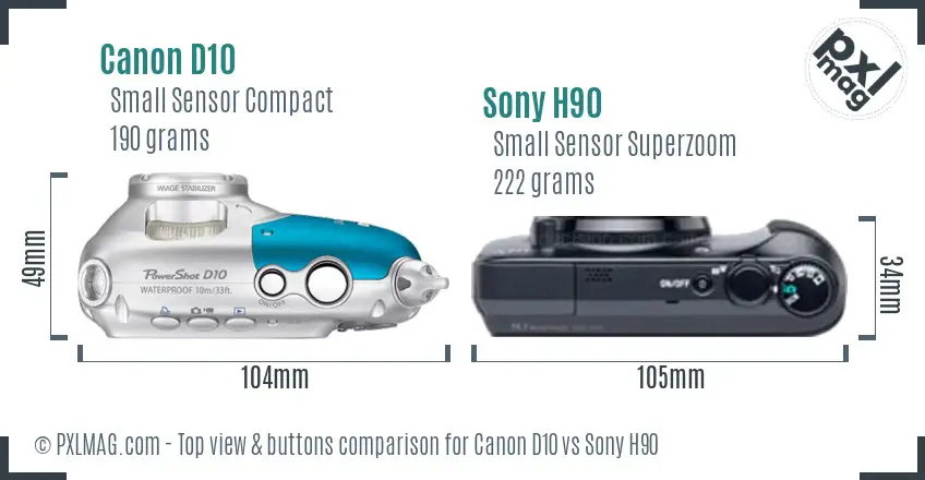 Canon D10 vs Sony H90 top view buttons comparison