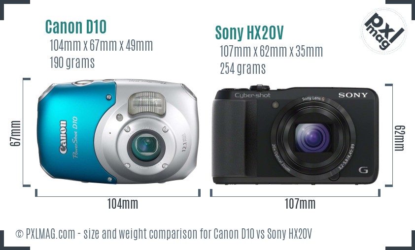 Canon D10 vs Sony HX20V size comparison Canon D10 vs Sony HX20V size comparison