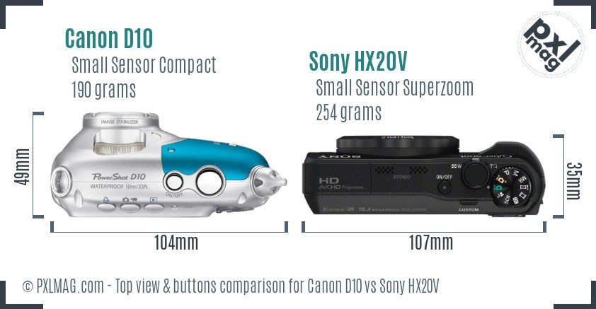 Canon D10 vs Sony HX20V top view buttons comparison