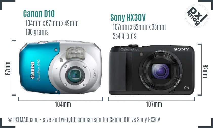 Canon D10 vs Sony HX30V size comparison