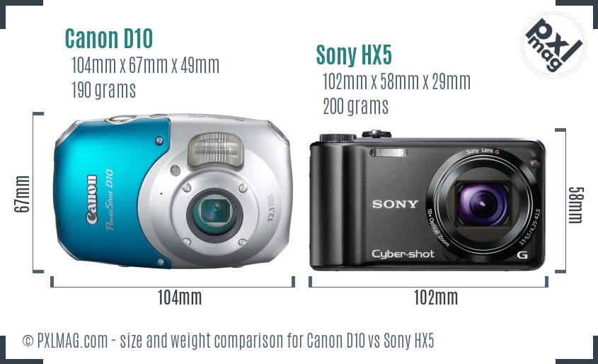 Canon D10 vs Sony HX5 size comparison