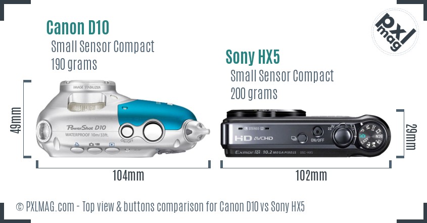 Canon D10 vs Sony HX5 top view buttons comparison