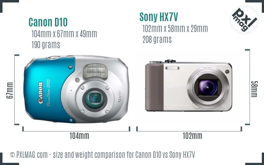 Canon D10 vs Sony HX7V size comparison