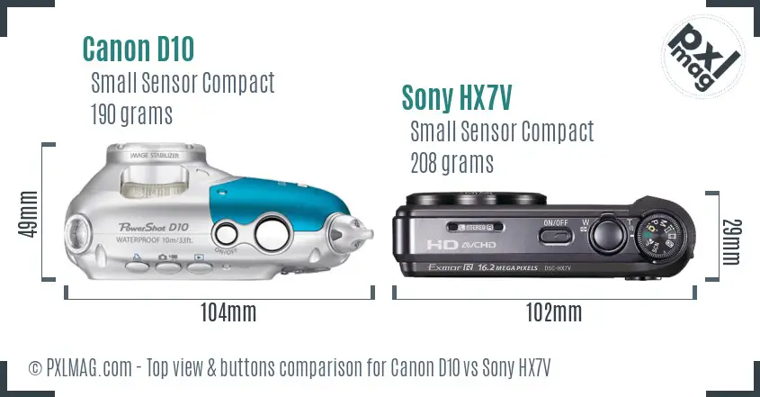 Canon D10 vs Sony HX7V top view buttons comparison