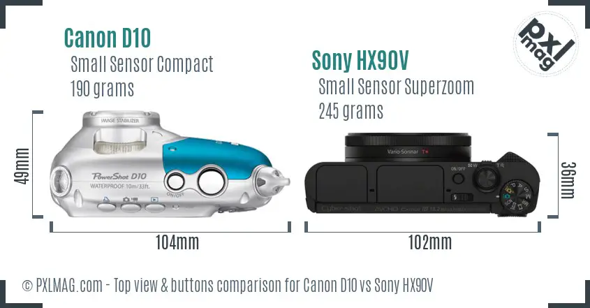 Canon D10 vs Sony HX90V top view buttons comparison Canon D10 vs Sony HX90V top view buttons comparison