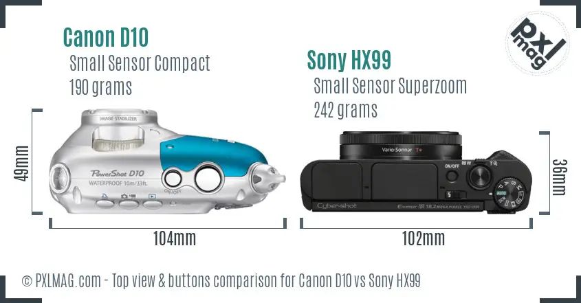 Canon D10 vs Sony HX99 top view buttons comparison