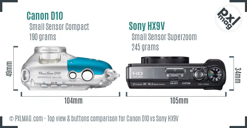 Canon D10 vs Sony HX9V top view buttons comparison Canon D10 vs Sony HX9V top view buttons comparison