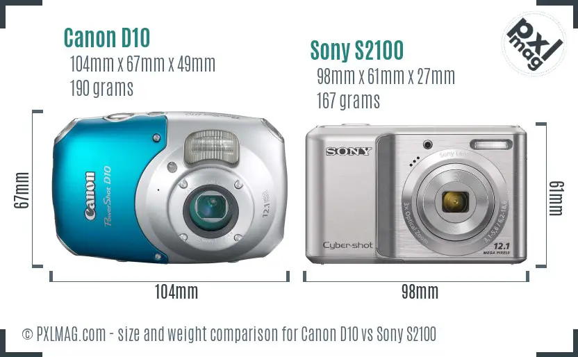 Canon D10 vs Sony S2100 size comparison