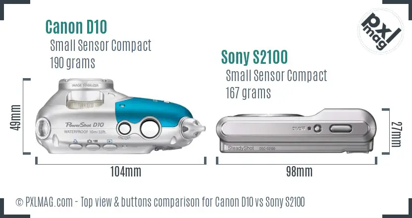 Canon D10 vs Sony S2100 top view buttons comparison