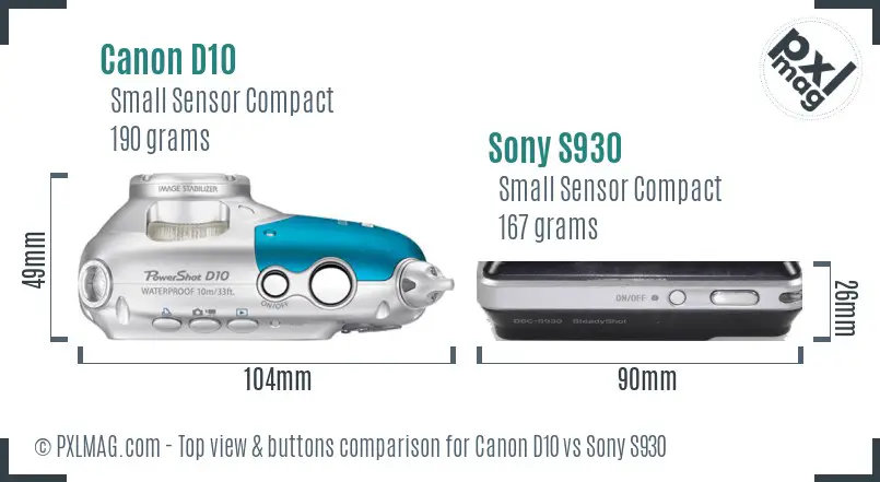 Canon D10 vs Sony S930 top view buttons comparison Canon D10 vs Sony S930 top view buttons comparison