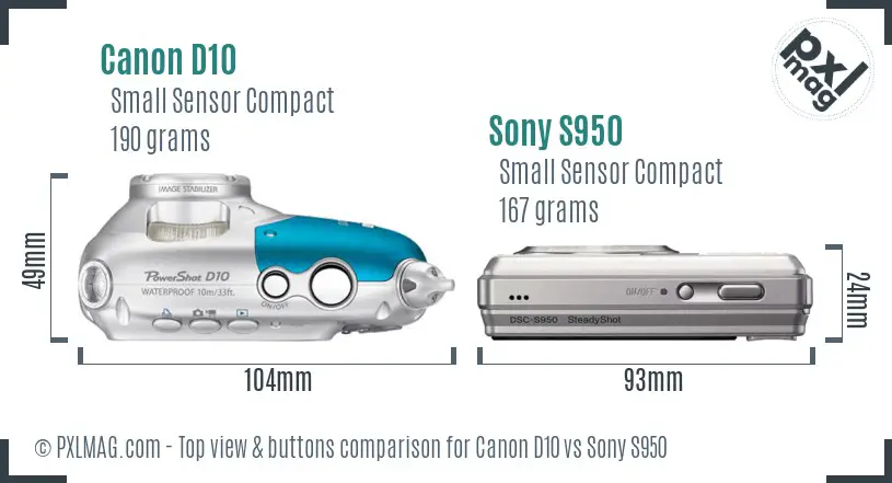 Canon D10 vs Sony S950 top view buttons comparison