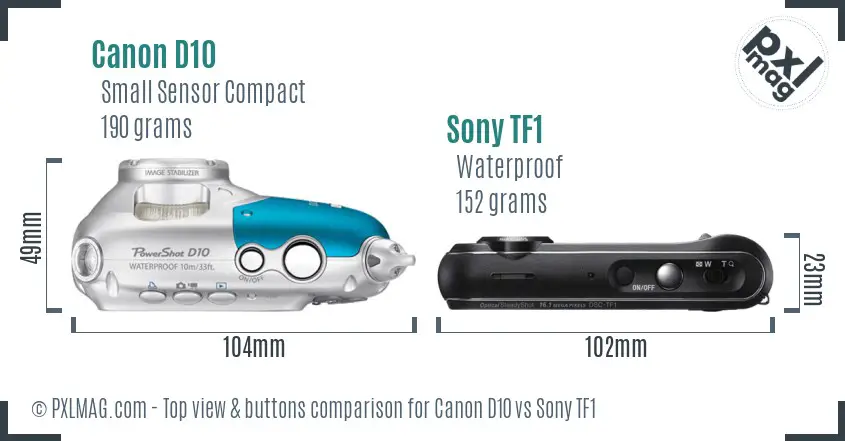 Canon D10 vs Sony TF1 top view buttons comparison Canon D10 vs Sony TF1 top view buttons comparison