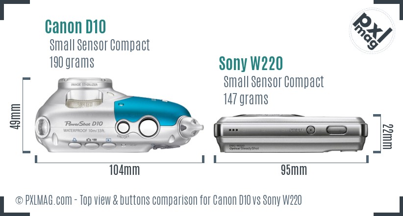 Canon D10 vs Sony W220 top view buttons comparison