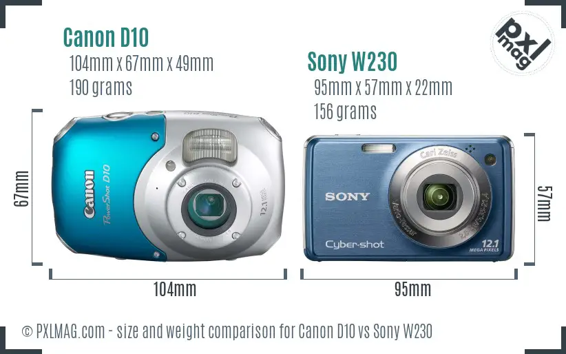 Canon D10 vs Sony W230 size comparison
