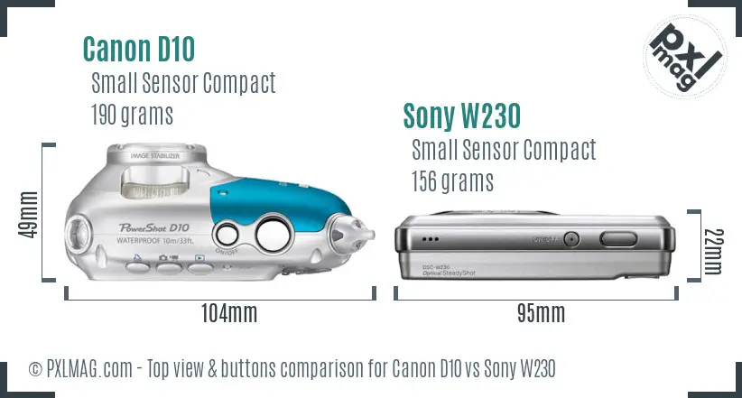 Canon D10 vs Sony W230 top view buttons comparison