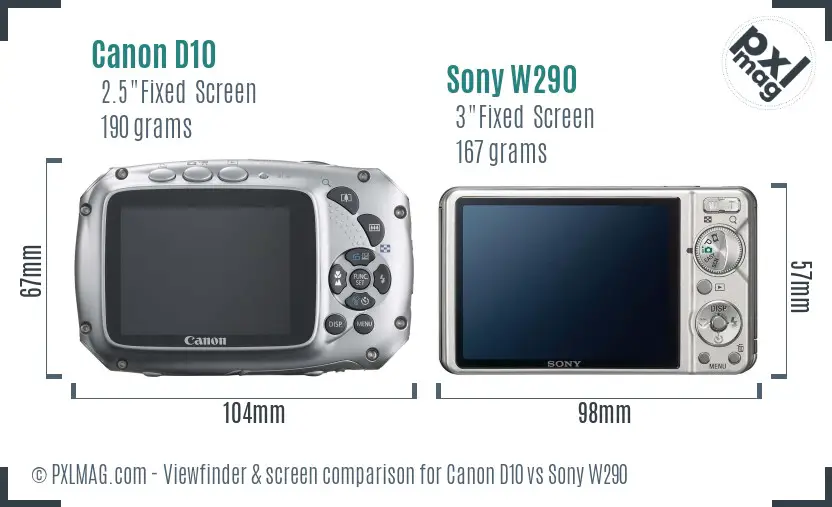 Canon D10 vs Sony W290 Screen and Viewfinder comparison