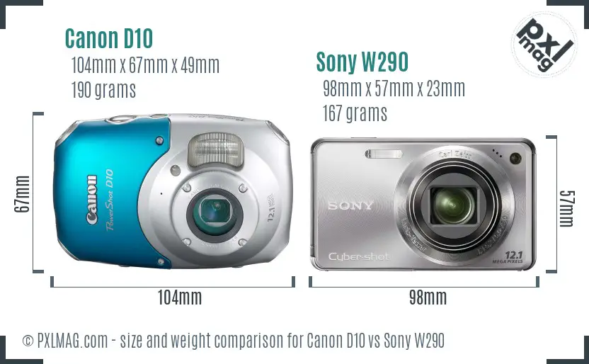Canon D10 vs Sony W290 size comparison