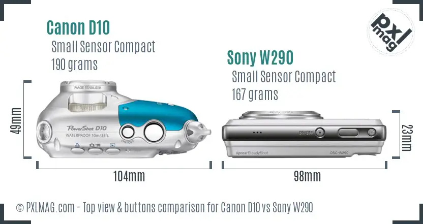 Canon D10 vs Sony W290 top view buttons comparison