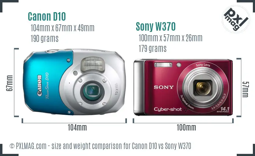 Canon D10 vs Sony W370 size comparison