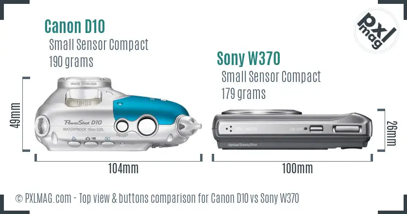 Canon D10 vs Sony W370 top view buttons comparison