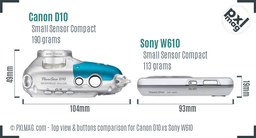 Canon D10 vs Sony W610 top view buttons comparison Canon D10 vs Sony W610 top view buttons comparison