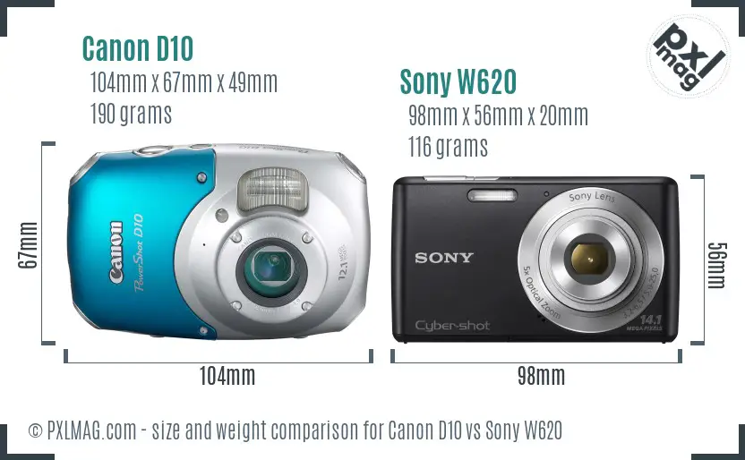 Canon D10 vs Sony W620 size comparison