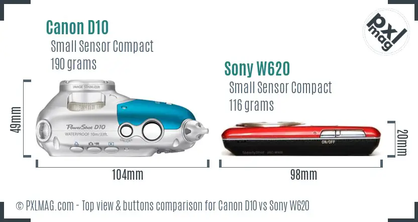 Canon D10 vs Sony W620 top view buttons comparison