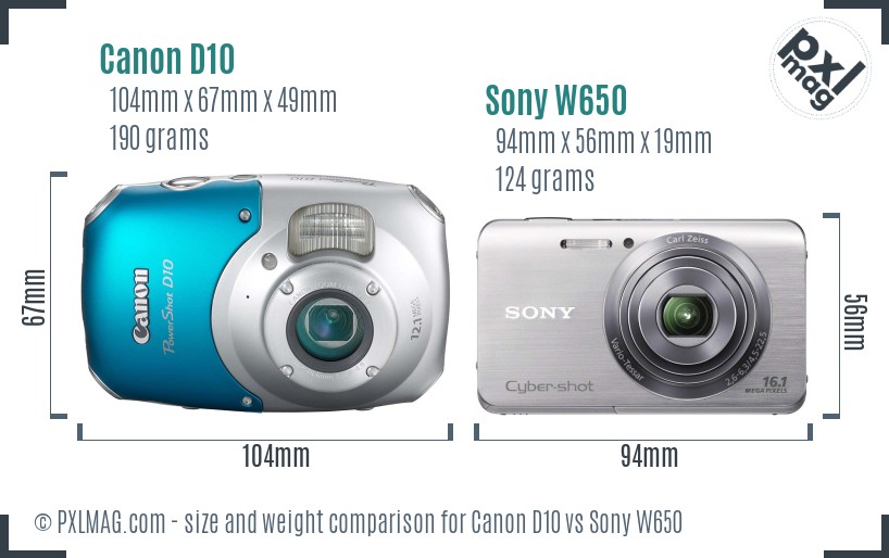 Canon D10 vs Sony W650 size comparison