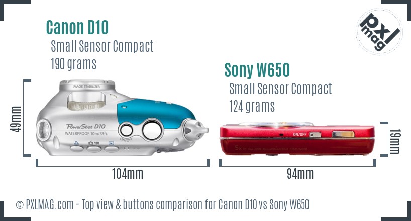 Canon D10 vs Sony W650 top view buttons comparison