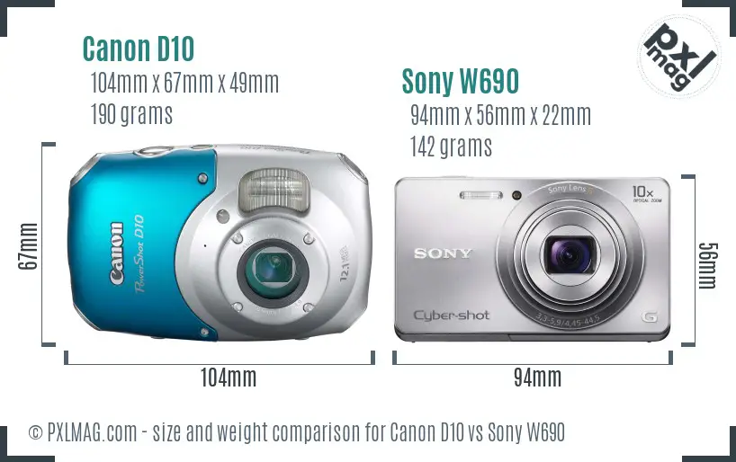 Canon D10 vs Sony W690 size comparison