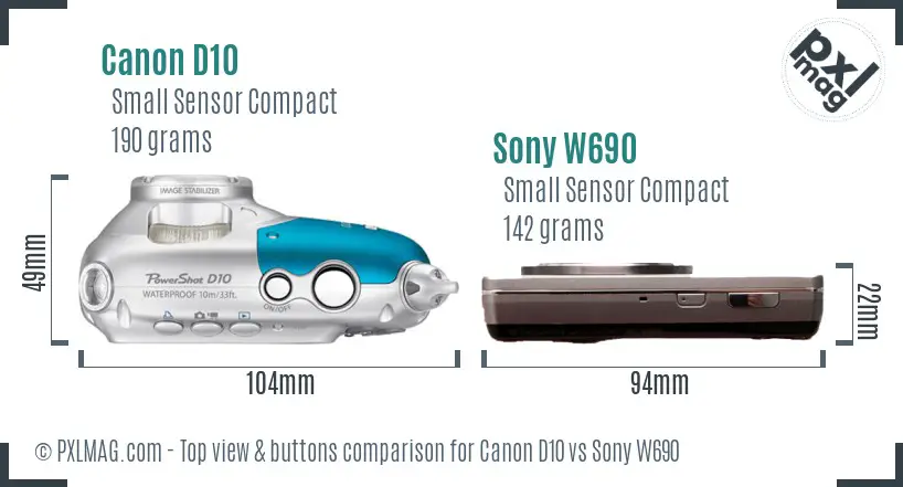 Canon D10 vs Sony W690 top view buttons comparison