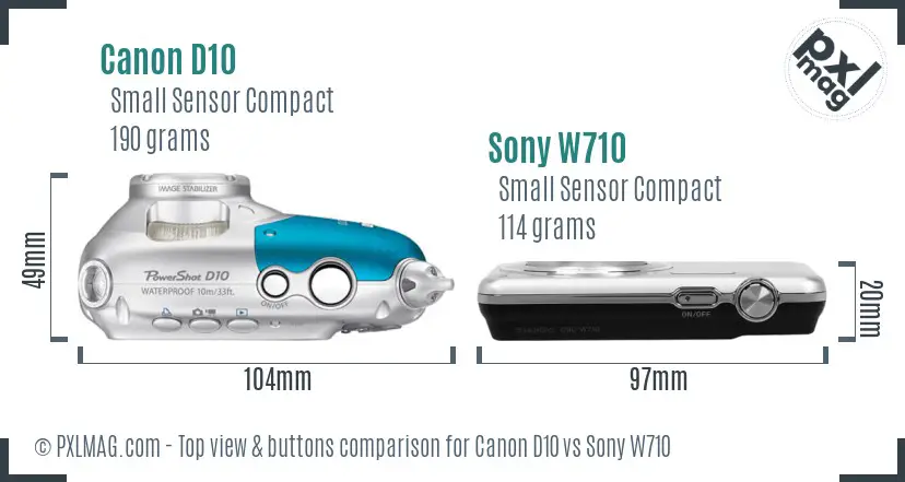Canon D10 vs Sony W710 top view buttons comparison