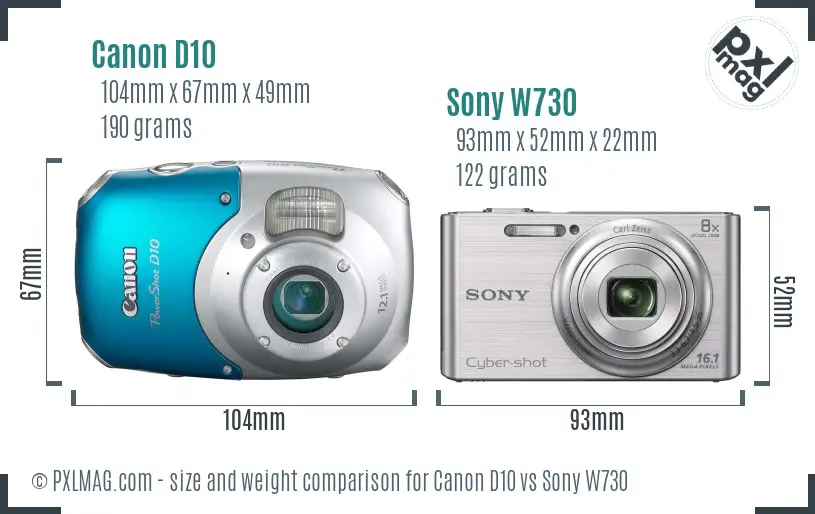 Canon D10 vs Sony W730 size comparison