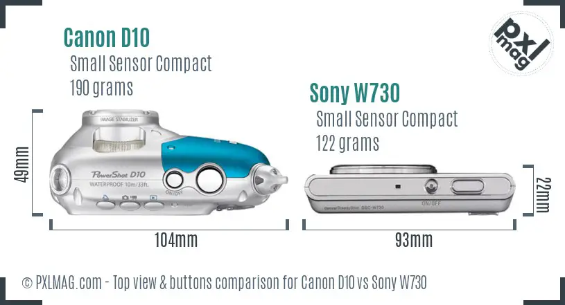 Canon D10 vs Sony W730 top view buttons comparison