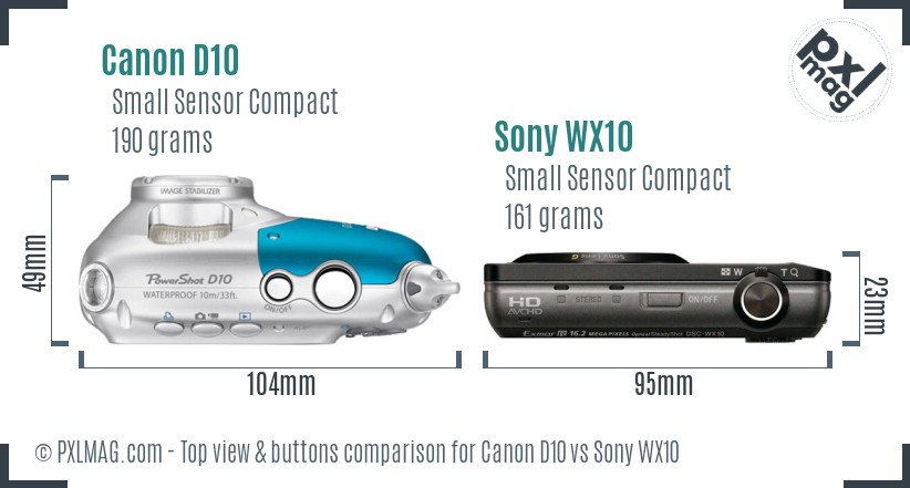 Canon D10 vs Sony WX10 top view buttons comparison