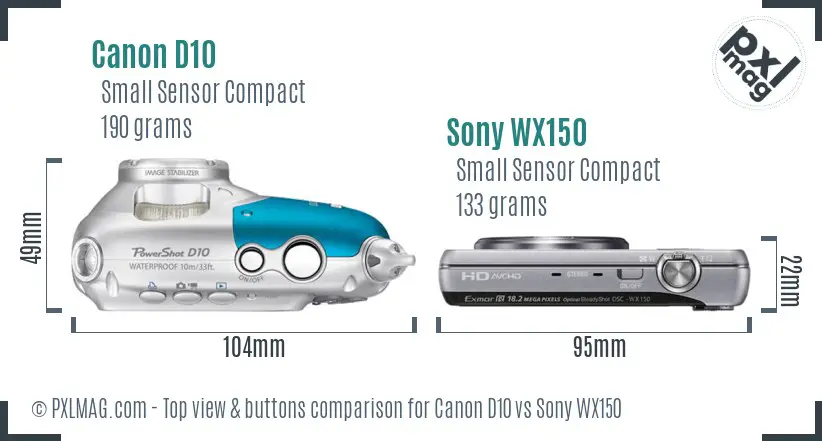 Canon D10 vs Sony WX150 top view buttons comparison Canon D10 vs Sony WX150 top view buttons comparison