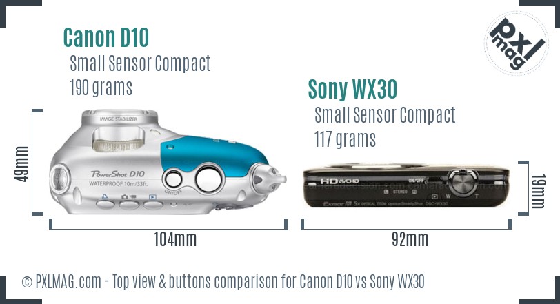 Canon D10 vs Sony WX30 top view buttons comparison
